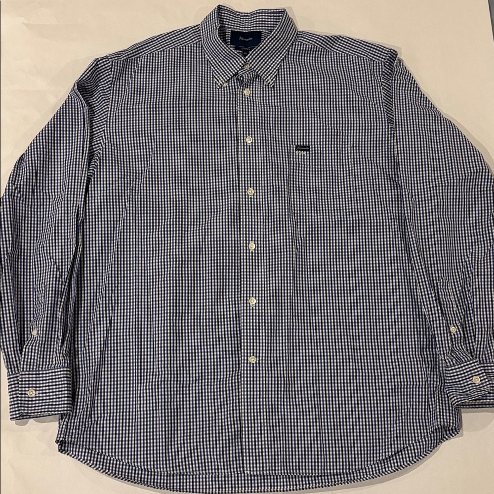 Faconnable Men's Dress Shirt, Size XXL. Color: White/Navy/Blue plaid.